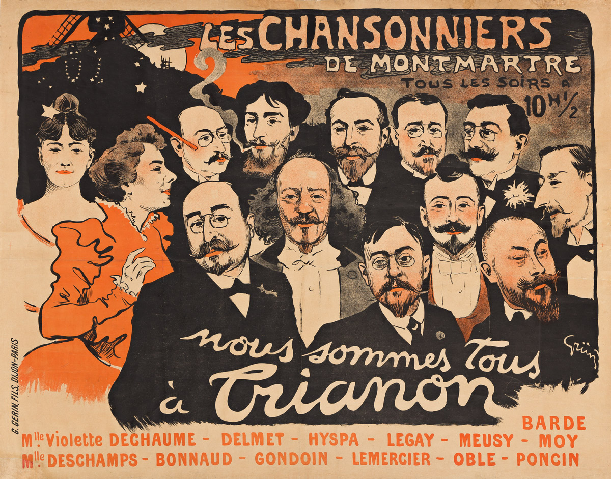 JULES-ALEXANDRE GRÜN (1868-1938).  LES CHANSONNIERS DE MONTMARTRE / TRIANON. 1897. 42¾x54¾ inches, 108½x139 cm. G. Gerin, Fils, Paris.